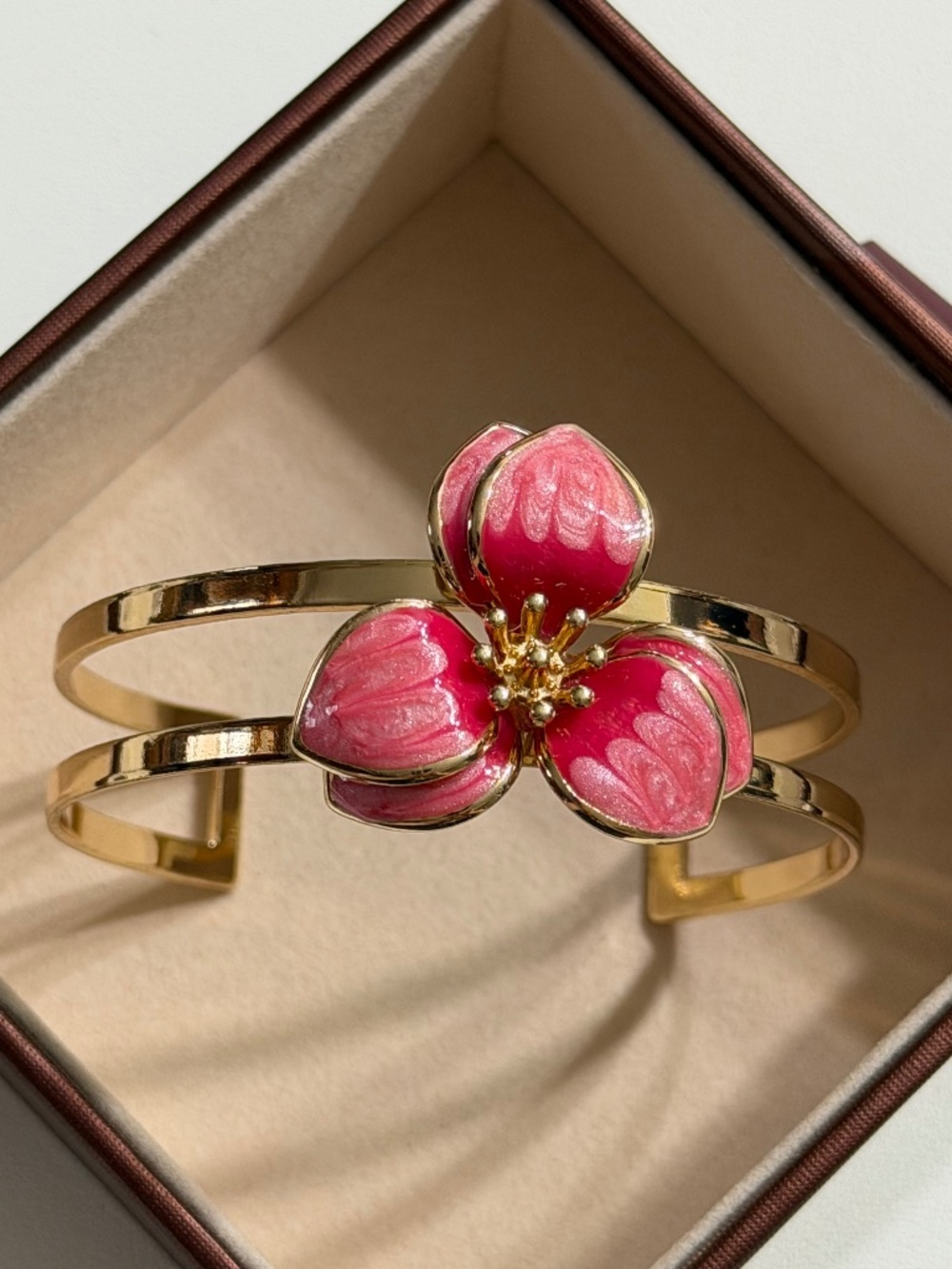 Golden Pink Oil Dripping 3-Petal Flower Enamel Adjustable Open Bangle Bracelet